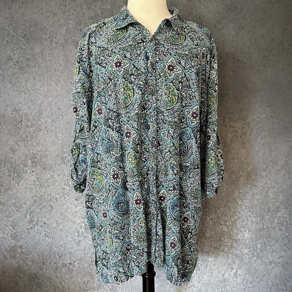 Buttoned Cotton Blouse w/ Gathered Sleeves, 4X